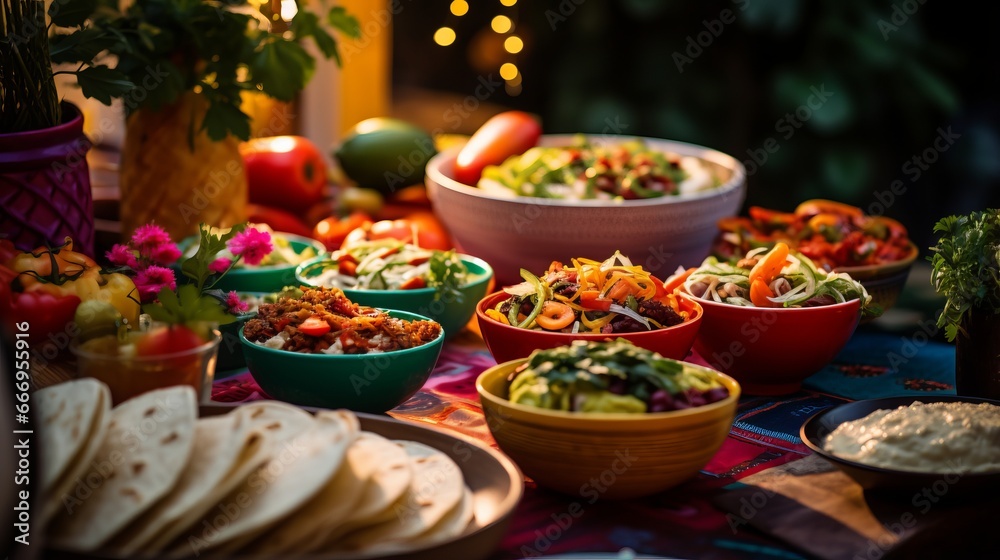 A Mexican fiesta table with tacos and colorful decorations