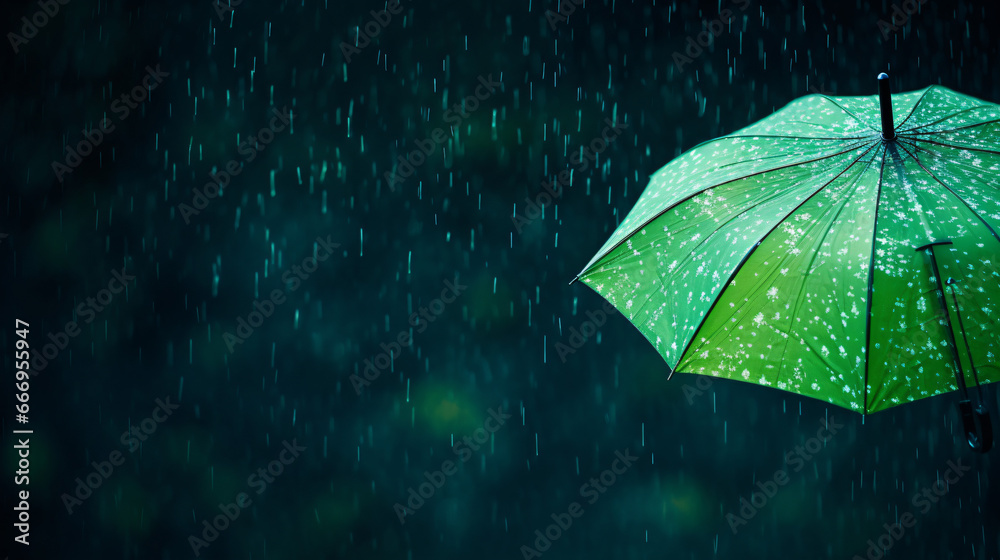 Close up of green umbrella with heavy rain