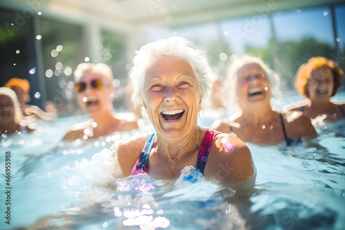 happy senior women enjoying aqua fitness class in a pool, displaying joy and camaraderie, embodying a healthy, retired lifestyle
