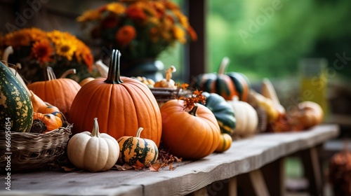 A harvest table setting with pumpkins and gourds