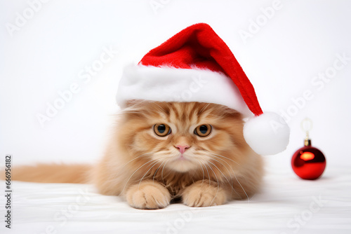 Photo of a red cat on a white background with a Santa Claus hat