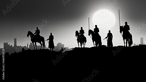 Silhouette of knights in the setting sun. Great for stories about history, warfare, RPG, armor, medieval era and more. 