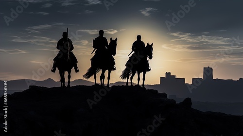 Silhouette of knights in the setting sun. Great for stories about history  warfare  RPG  armor  medieval era and more. 