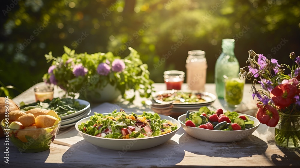 A garden party table with fresh salads and herbs A garden party table with fresh salads and herbs