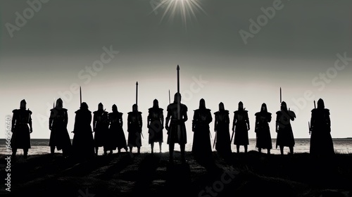 Silhouette of knights in the setting sun. Great for stories about history, warfare, RPG, armor, medieval era and more.  © ECrafts