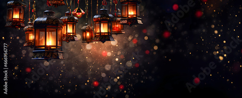 Christmas lantern on dark background, panorama.