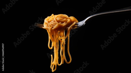 A forkful of spaghetti noodles suspended