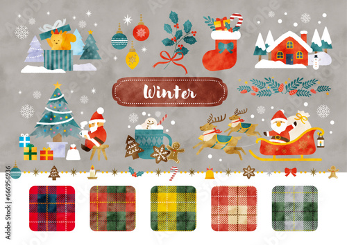 水彩 クリスマスイラストとチェックパターンセット