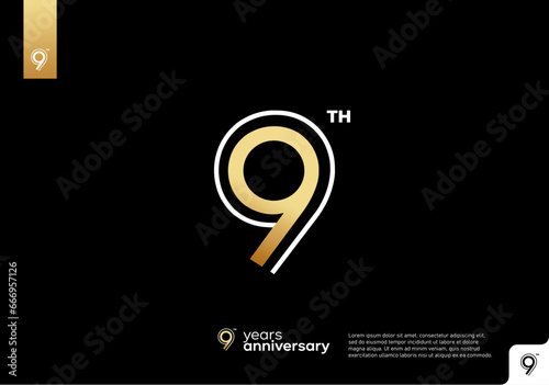Golden 9th anniversary celebration logotype on black background