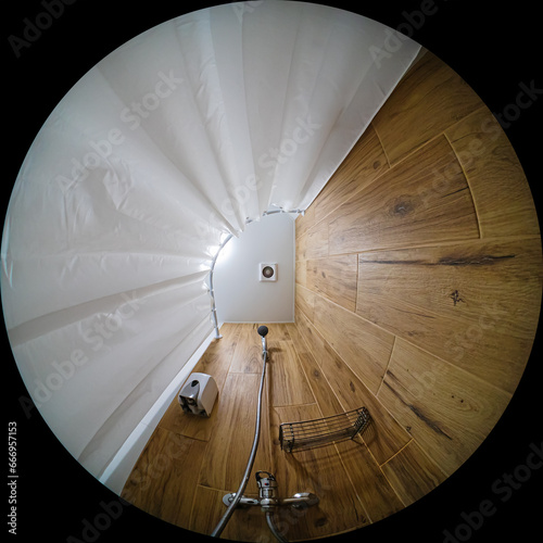 Circular fisheye view of an indoor shower. Wide angle view of the interior in fulldome photo format photo