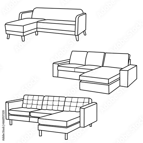 Three-seat sofa with chaise lounge. Modern interior home or office furniture. Isolated object on white background.