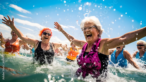happy senior women enjoying aqua fitness class in a pool, displaying joy and camaraderie, embodying a healthy, retired lifestyle