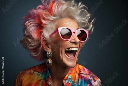 Portrait of happy glamorous senior woman in glasses on a black background.Energetic Grandma with hairstyle in stylish outfit.