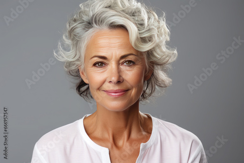 Portrait of a beautiful happy woman with gray hair, healthy facial skin in a white shirt on a gray background. Wrinkles.Facial skin care concept, plastic surgery, healthy eating.