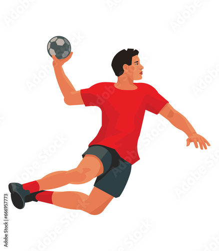 High-jumping Chinese professional handball player in a red T-shirt who throws the ball into the goal at the championship