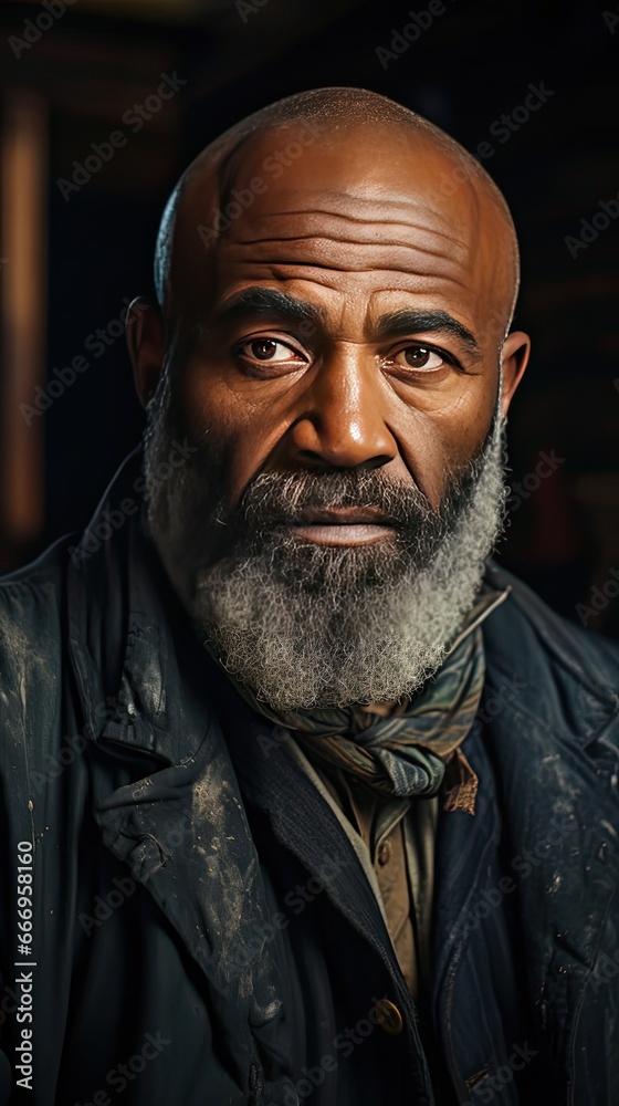 Close-up portrait of bald and bearded african american senior man in log cabin. Man portrait illustration. Generative AI