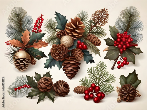 Collection of decorative Christmas plants. Acorn pine cones and berries.