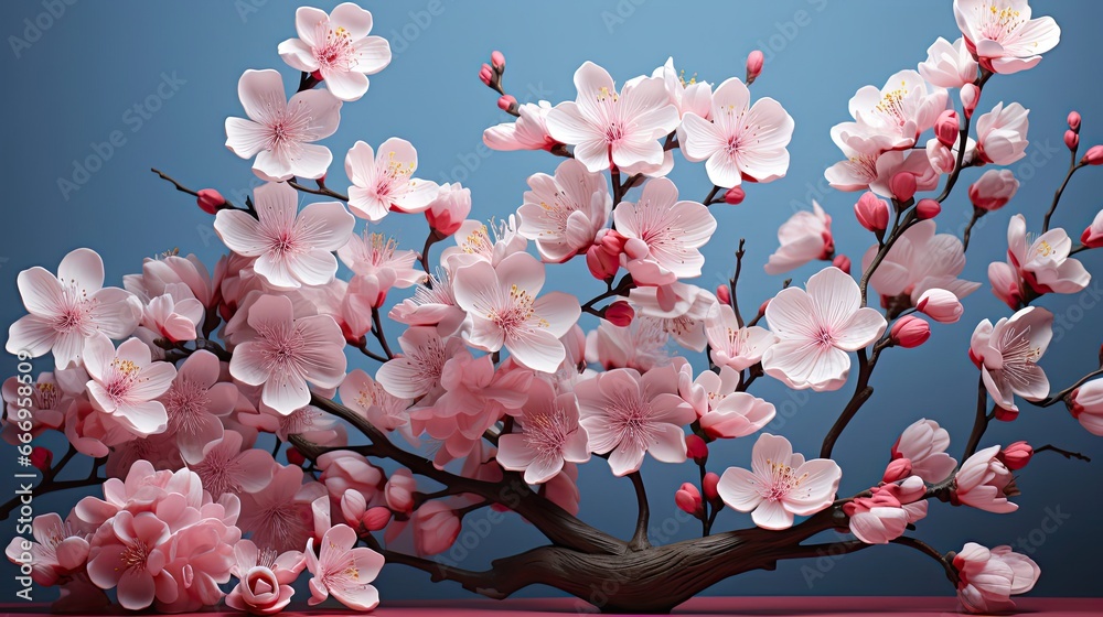 Beautiful pink spring magnolia flowers on a tree branch on background. Floral flower illustration. Generative AI Beautiful pink spring magnolia flowers on a tree branch on background. Floral flower illustration. Generative AI