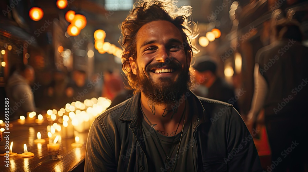 Close up portrait of happy smiling bearded hipster man with eyeglasses and looking confident at the camera. Model portrait illustration. Generative AI