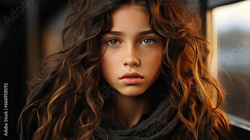 Crop close up portrait of serious sad little Caucasian girl look at camera, unhappy small child kid orphan feel lonely abandoned. People portrait illustration. Generative AI