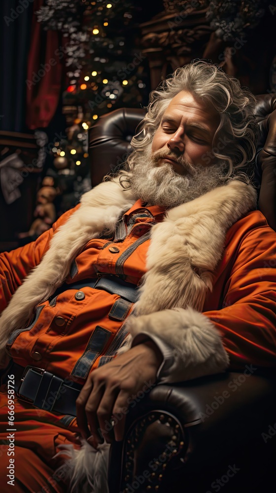 Santa Claus resting on a sofa at home. Cool Christmas concept. Generative AI Santa Claus resting on a sofa at home. Cool Christmas concept. Generative AI
