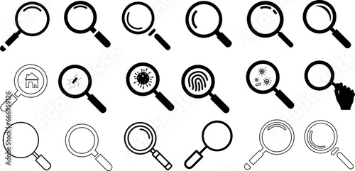 Magnifying glass vector illustration set, perfect for search, investigation, discovery themes. Features various items house, virus, fingerprint, bug, hand. l for detective, science, research themes.