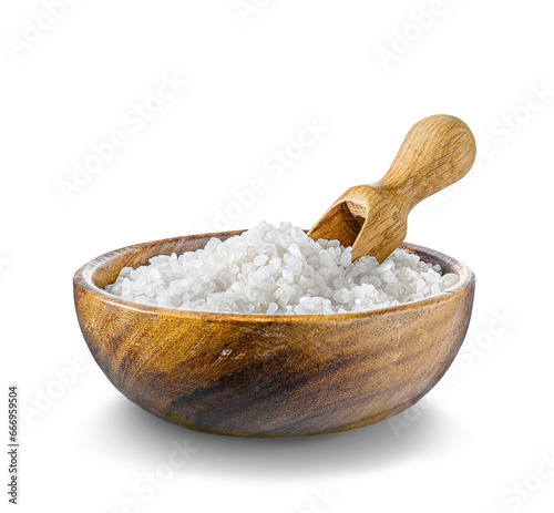 Sea salt in wooden bowl with wooden scoop isolated on white