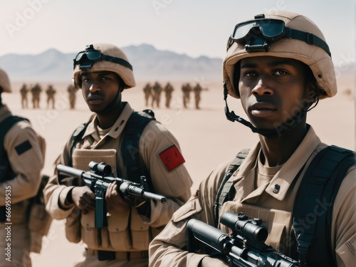 Group of young soldiers in military uniform in a desert