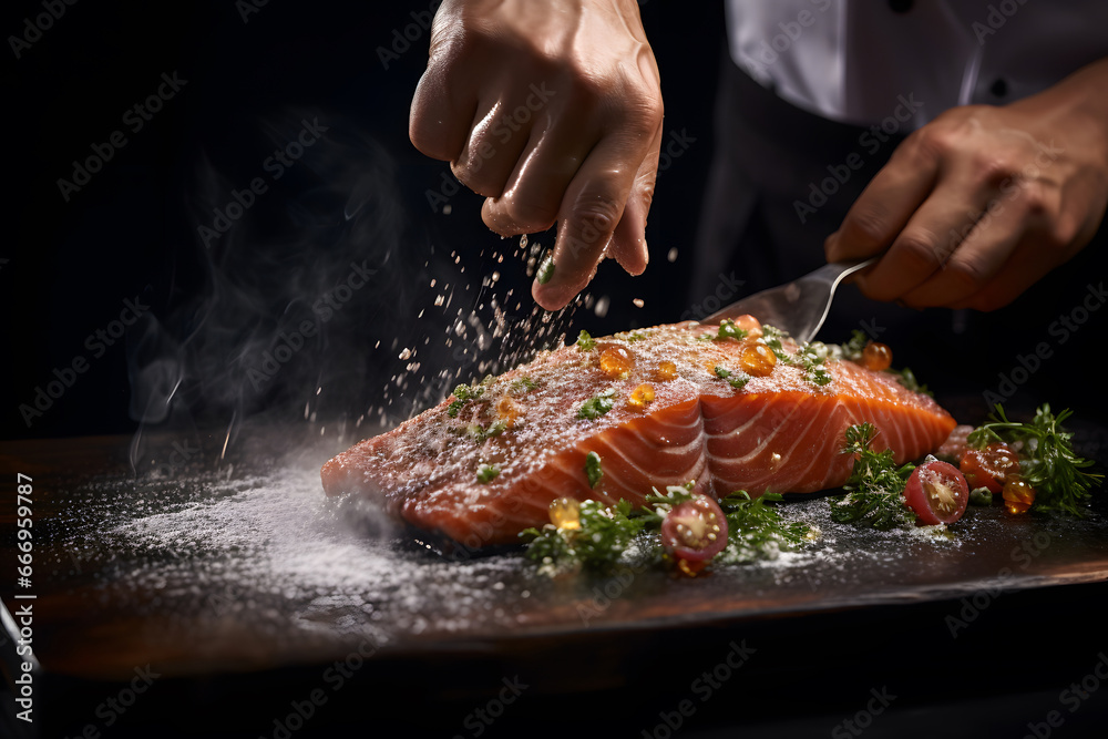 the chef preparing food grilled salmon steak with vegetables the chef preparing food grilled salmon steak with vegetables