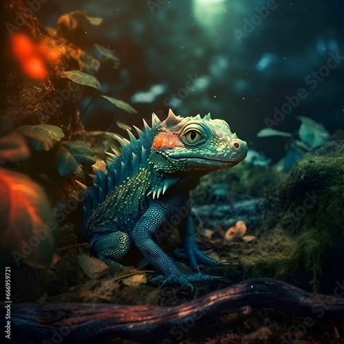 Blue chameleon in a terrarium. 3D rendering. © Wazir Design