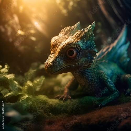 Turquoise chameleon in the forest. Fantasy reptile.