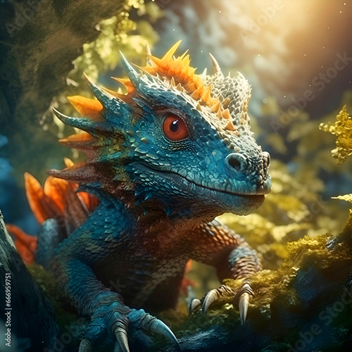 Cute blue dragon in the aquarium. 3d illustration. Fantasy.