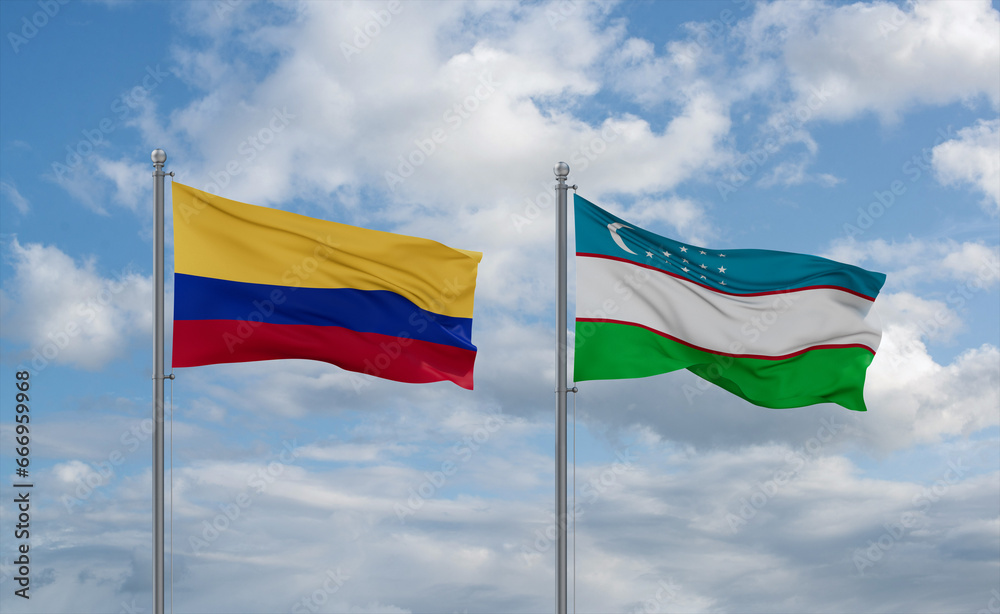 Uzbekistan and Colombia flags, country relationship concept Uzbekistan and Colombia flags, country relationship concept