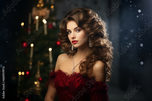 Beautiful woman princess, in a magical Christmas holiday scene setup. Generative Ai