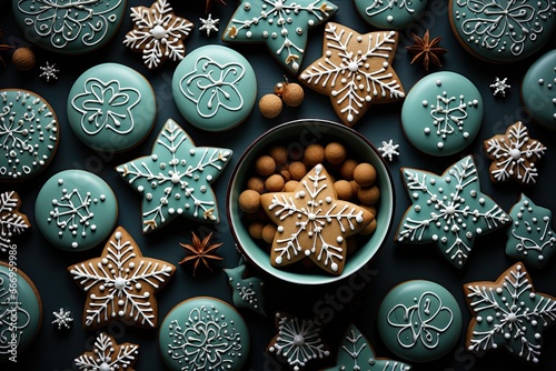 Christmas background, flatlay in stile of illutration, with christmas gingerbread, and diffrent shape in stile of illustration.