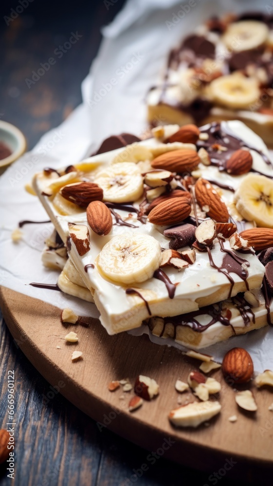 Yogurt Bark with Banana, almonds, chocolate cream and chcolate chips on the breakfast table Yogurt Bark with Banana, almonds, chocolate cream and chcolate chips on the breakfast table