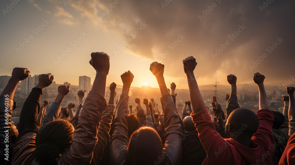 Group of protestors with their fists raised up in the air., protesters people fighting for their rights - obrazy, fototapety, plakaty 