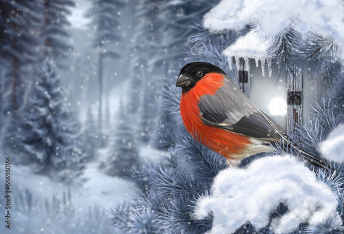 New Year, Christmas winter background, bullfinch bird sitting on a snow-covered spruce branch near a burning lantern, sunset, evening, clearing in the forest, 3D rendering, no AI