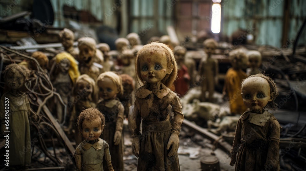Creepy dolls in an old, decrepit nursery