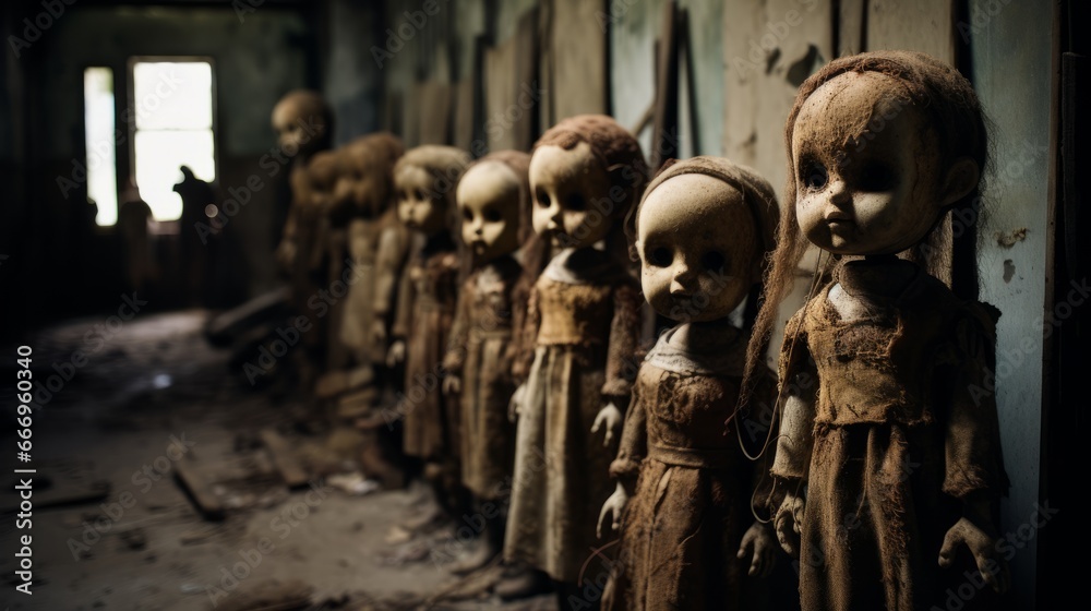 Creepy dolls in an old, decrepit nursery
