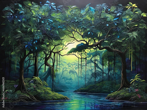 Digital painting of a tropical forest with a stream running through the jungle