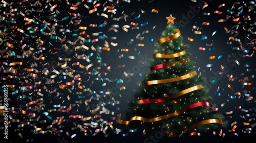 Confetti swirling around a festive holiday tree