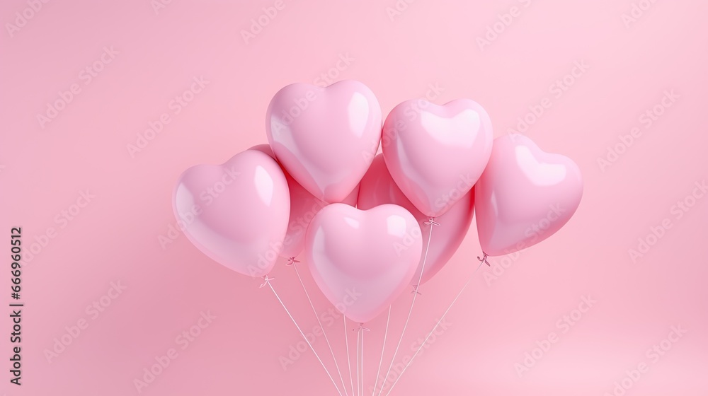 Pink Heart Shaped Helium Balloons Isolated at Pink Background, Valentines Day Concept
