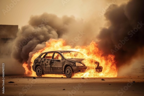 Burning car in dark toxic smoke. Accident auto in fire flamers on roadway. Generate ai