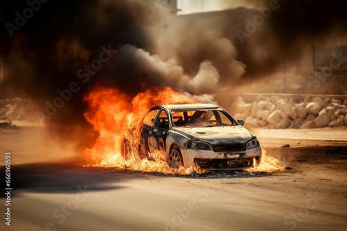 Burning car on traffic street. Auto accident explosion with fire flames and dark smoke. Generate ai © nsit0108