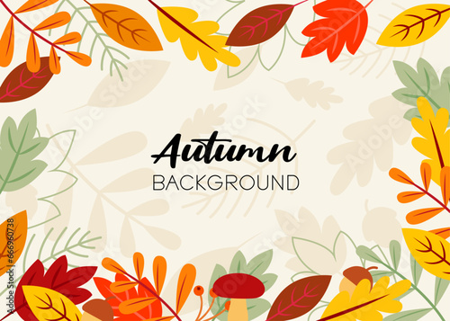 Autumn background and frame made of leaves, branches, berries, acorns and mushrooms in vector. Flat style.