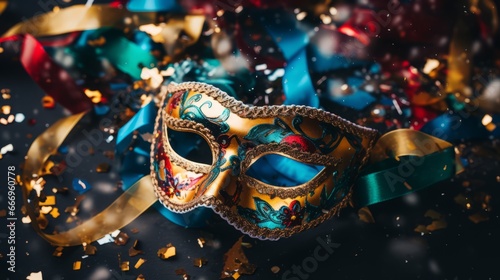 Close-up of confetti on a festive party mask © Cloudyew
