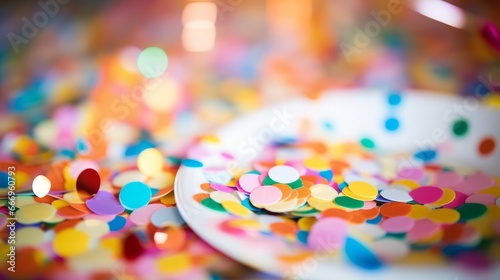 Close-up of confetti on a colorful party plate