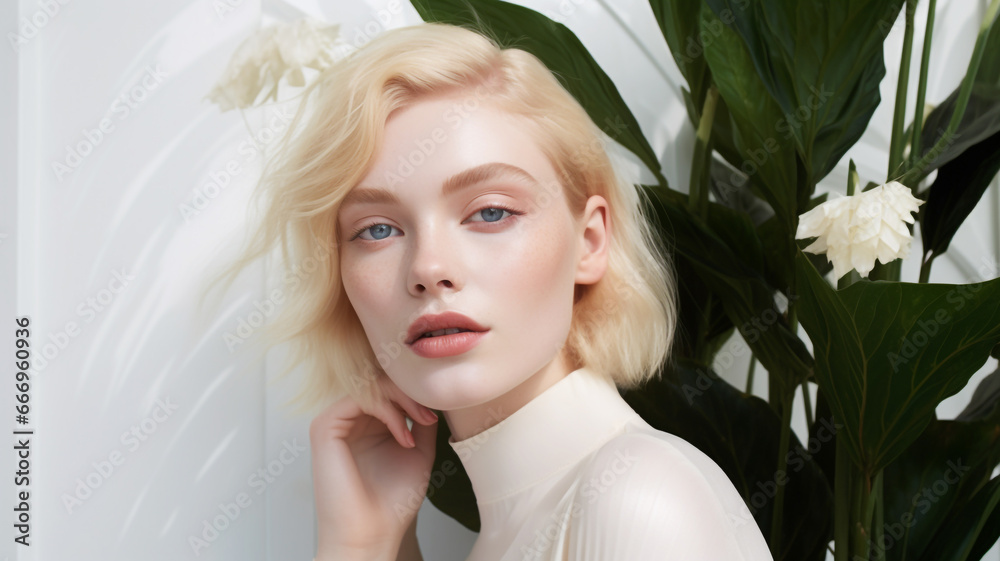 Naklejka premium Beautiful woman with tropical green plants