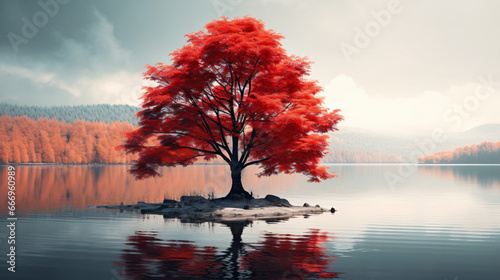 One tree with red leaves by a lake